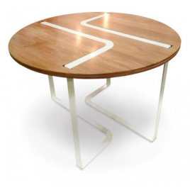 Designer round table in solid oak and metal